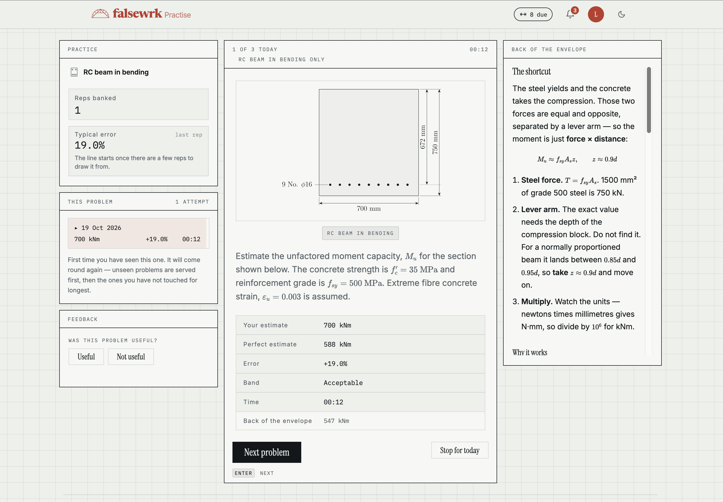 The falsewrk practice screen: a reinforced concrete section drawn to scale, an estimate of 384 kNm committed against a true 413 kNm, and the verdict — 7.0% out, excellent.